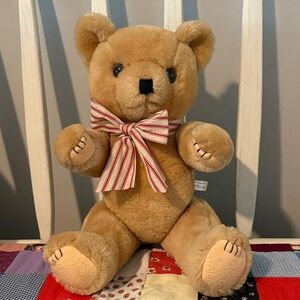 Vintage plush jointed Teddy Bear with Striped Bow